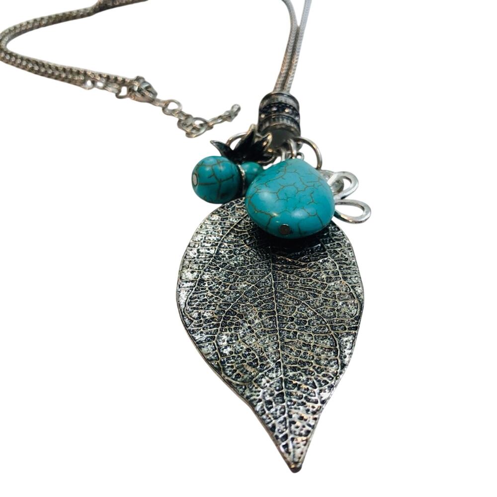 Trendy Long Necklace Faux Silver Turquoise Charms - Picture 3 of 16
